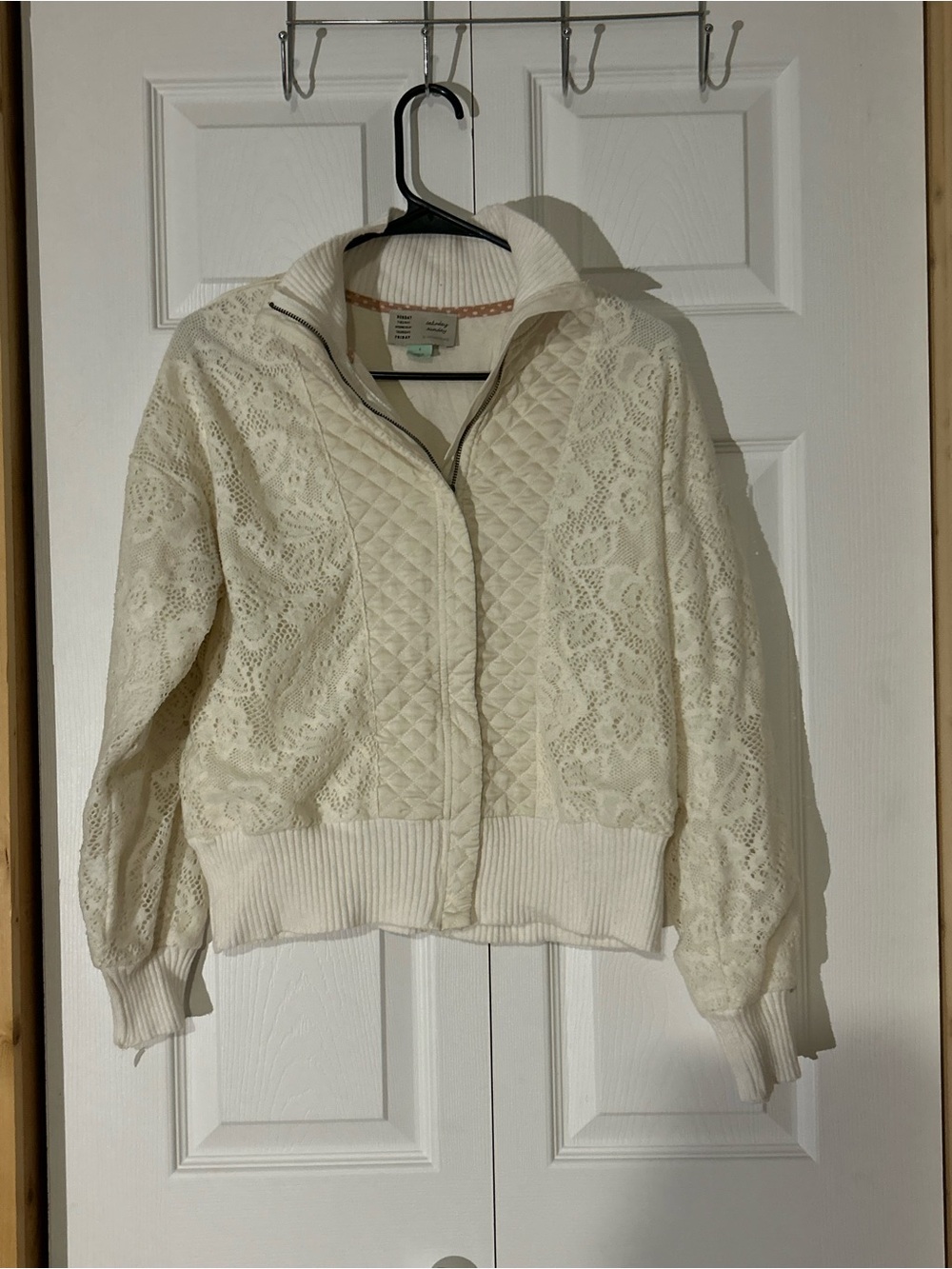 Anthropologie Cream Quilted & Lace Bomber Jacket